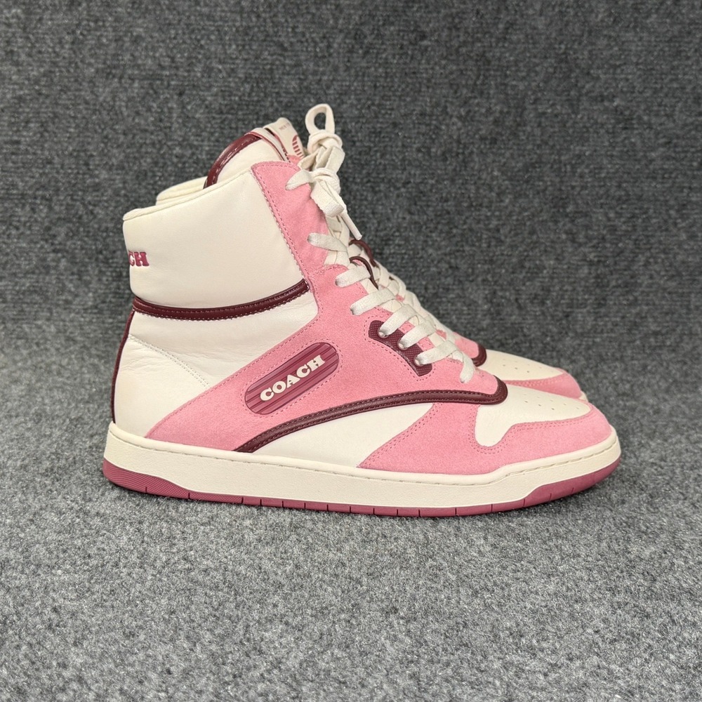 Coach High Top Sneakers Women's 8.5 Pink White Suede Leather Lace Retro Shoes